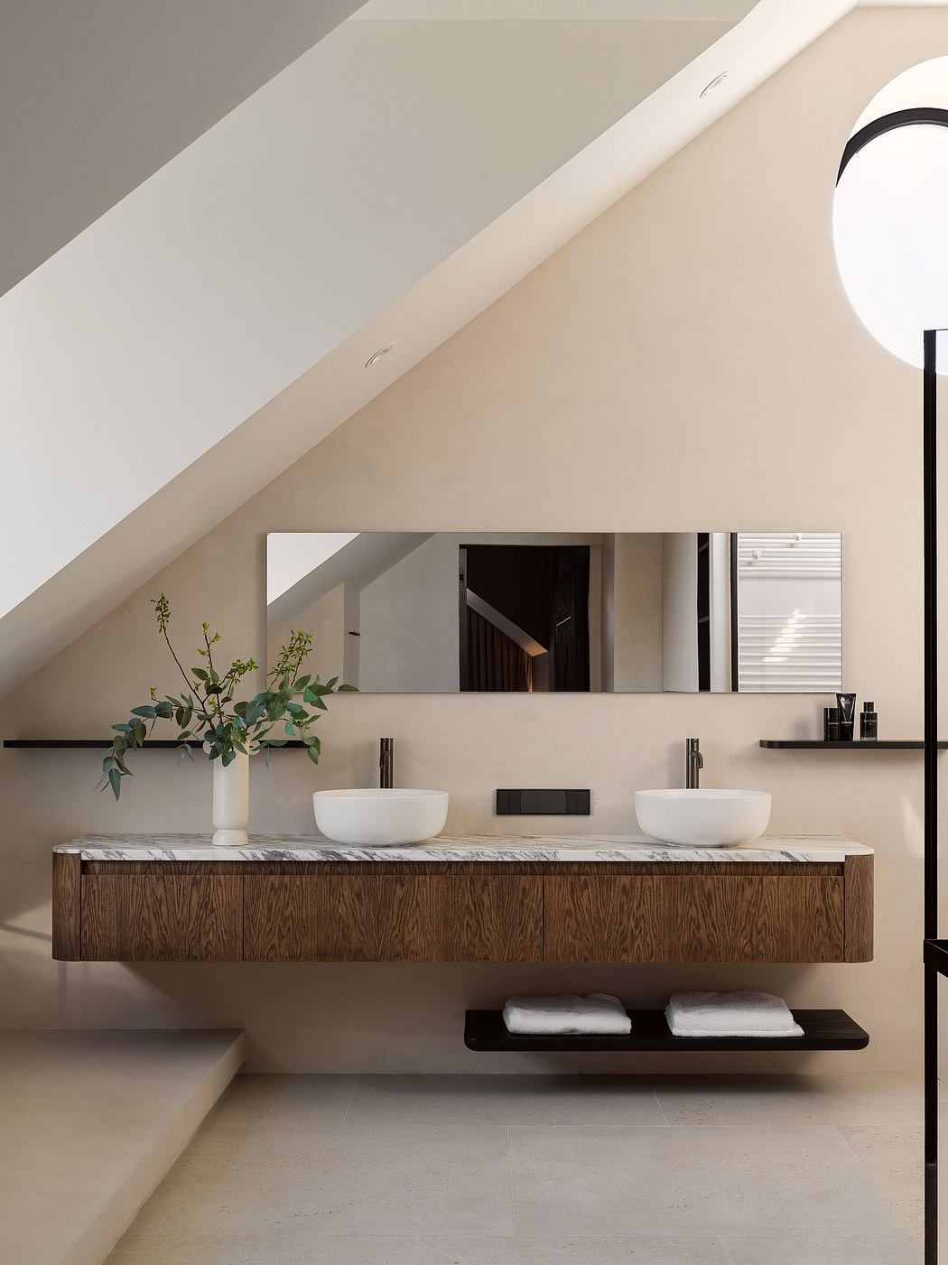 Contemporary bathroom with floating wood vanity, marble countertop, and dual vessel sinks.