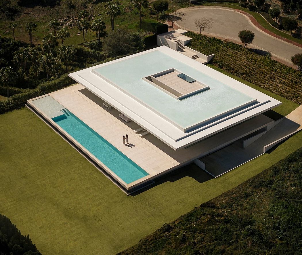 Stunning modern villa with sleek geometric design, large pool, and lush landscaping.