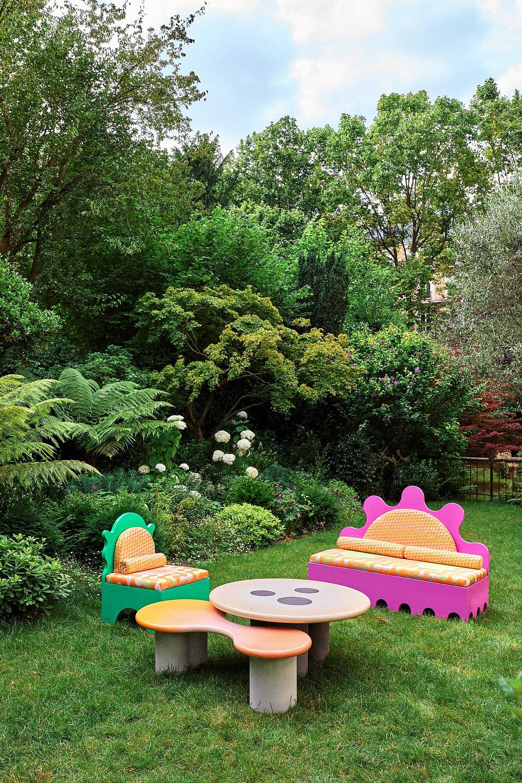 Vibrant, whimsical garden furniture invites outdoor play amidst lush greenery.