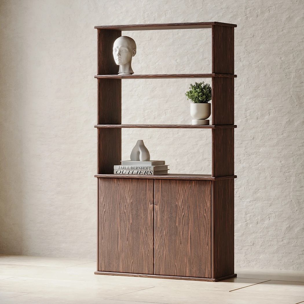 Minimalist wooden shelving unit with cabinet, plant, and decorative objects.