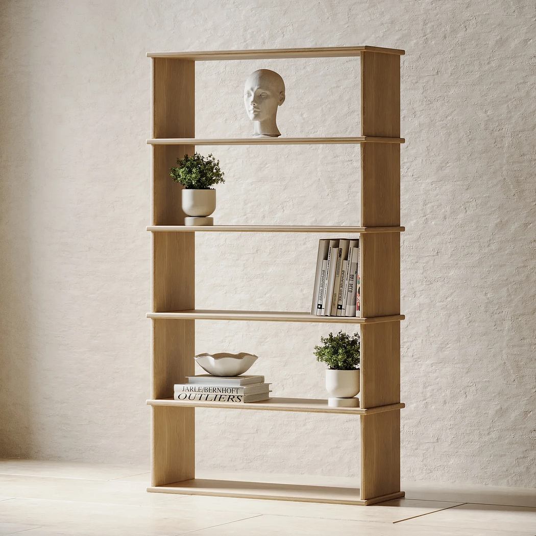 A minimalist wooden bookshelf with shelves displaying decorative objects and books.