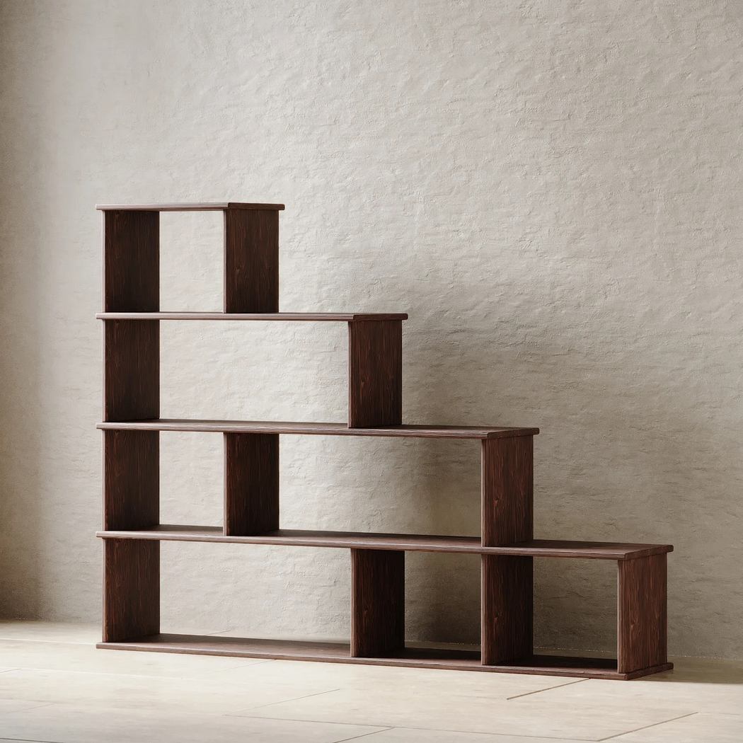 Minimalist dark wooden shelving unit with clean lines and asymmetric arrangement.