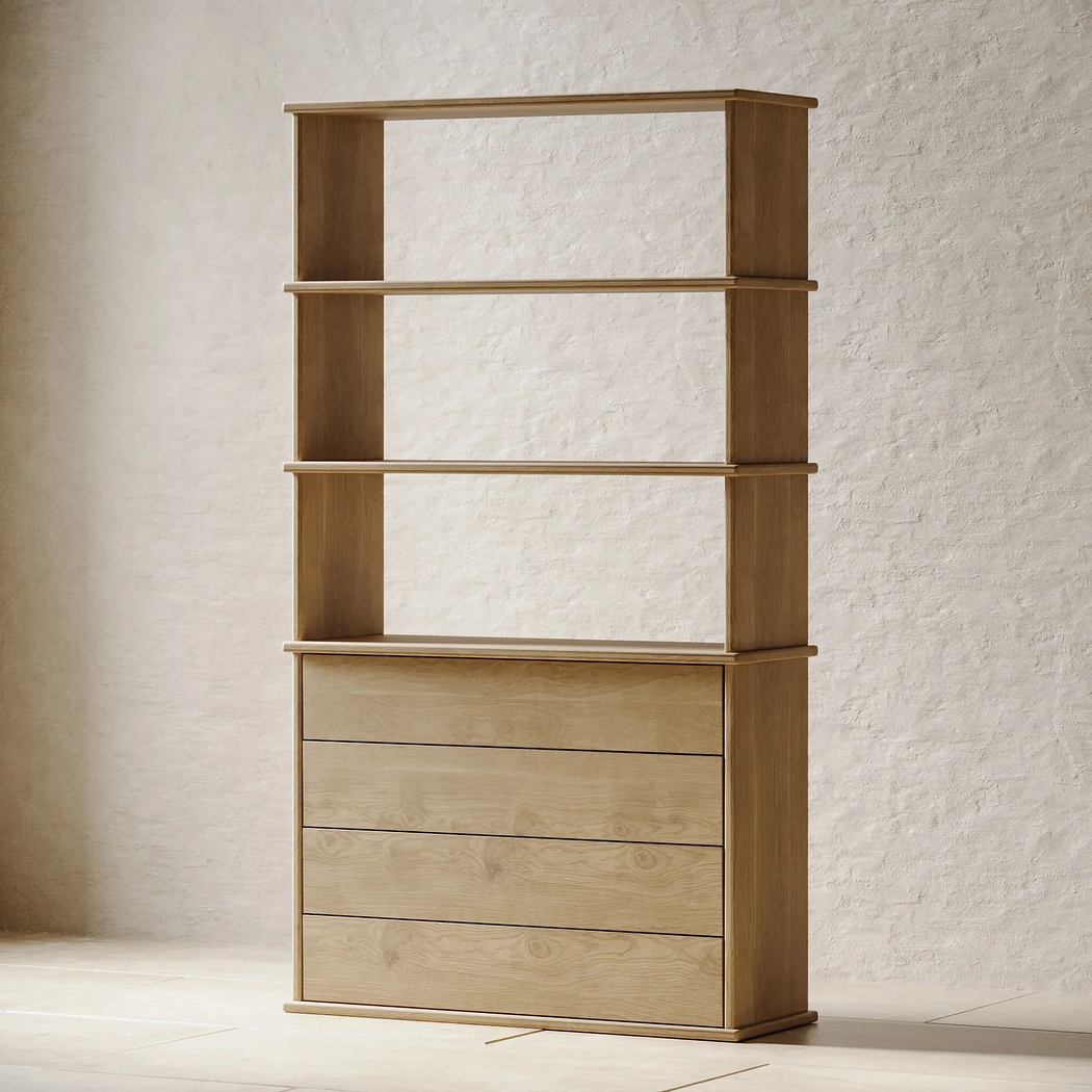A simple, modern wood dresser with open shelving above, creating a clean, minimalist aesthetic.