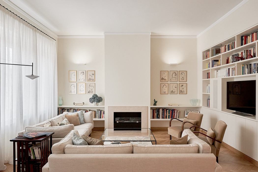 Spacious living room with fireplace, built-in bookshelves, and cozy seating arrangement.