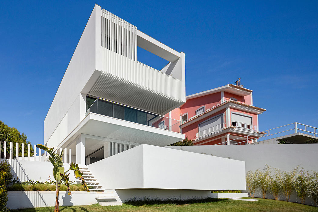 Striking architectural design with contrasting modern and traditional elements.