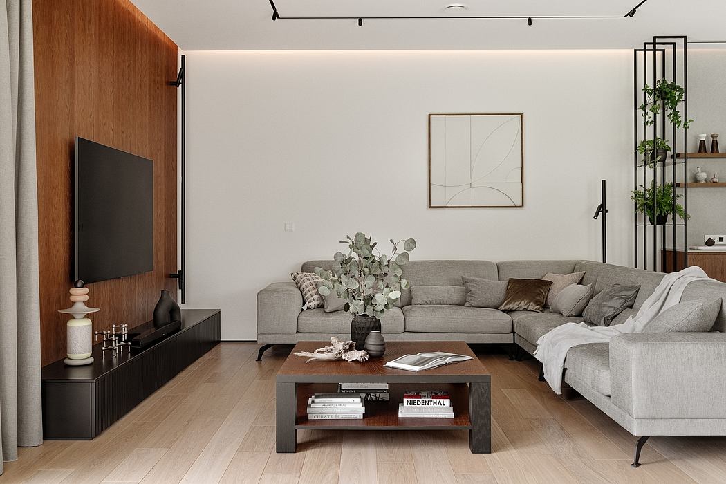 Minimalist living room with gray sofa, wooden accent wall, and geometric artwork.