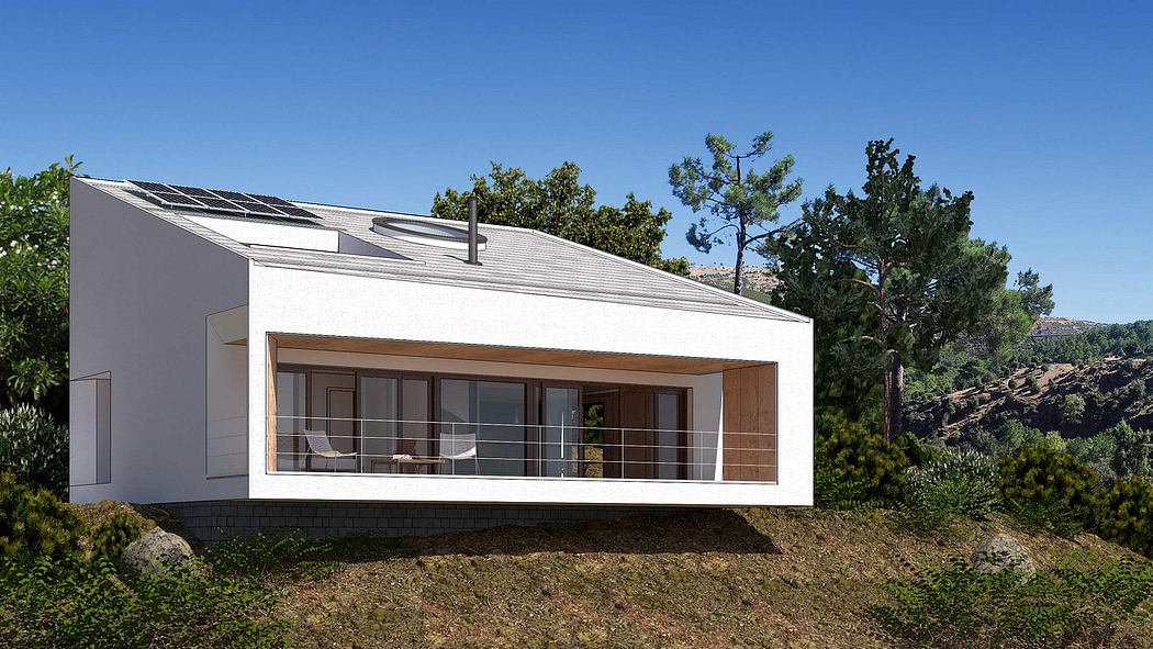 Modern architectural design with large glass windows, solar panels, and lush greenery.