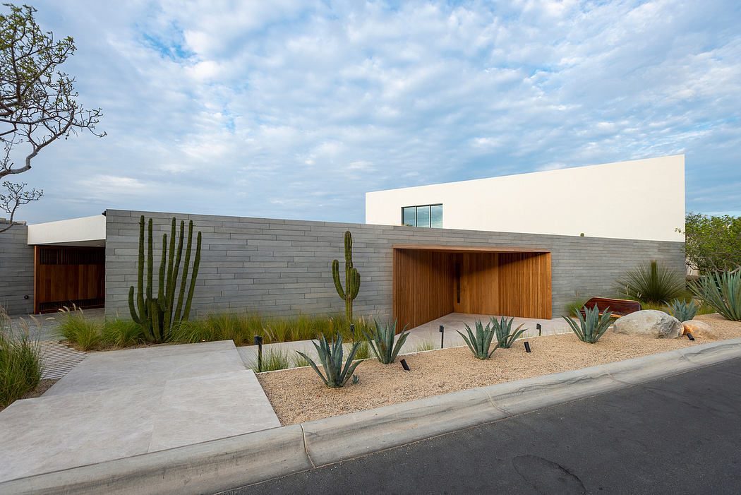Minimalist desert-inspired architectural design featuring concrete, wood, and cacti.