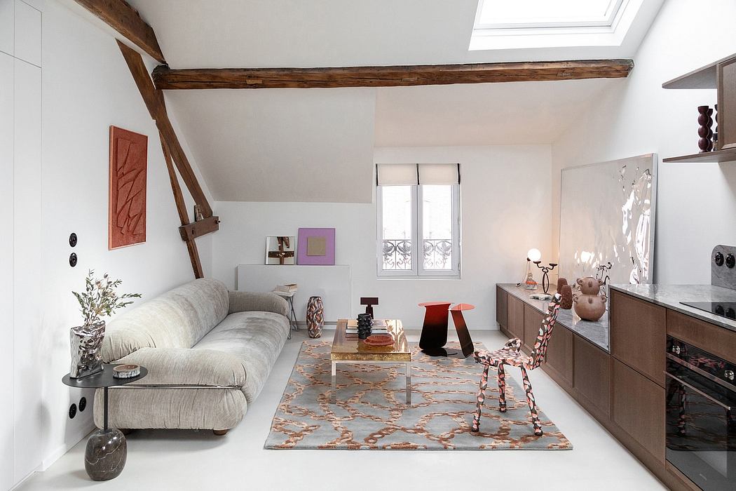 Stylish attic living space with exposed wooden beams, contemporary furnishings, and eclectic decor.
