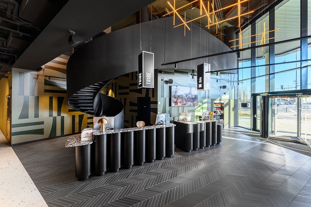 A modern, sleek interior with black accents, geometric patterns, and dynamic lighting features.
