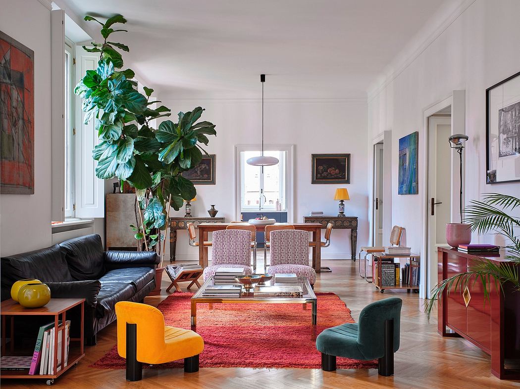 Vibrant, eclectic living space with mix of modern and vintage furnishings and decor.