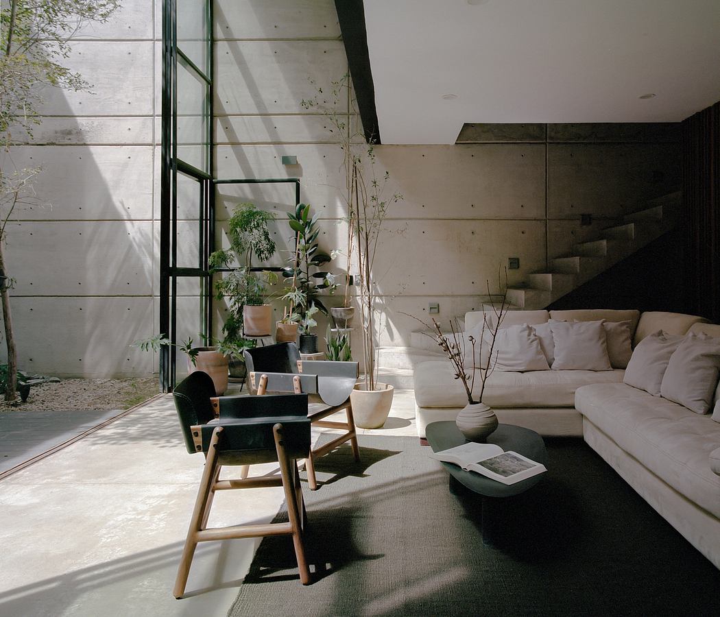 A modern, minimalist living room with concrete walls, large glass windows, and indoor plants.