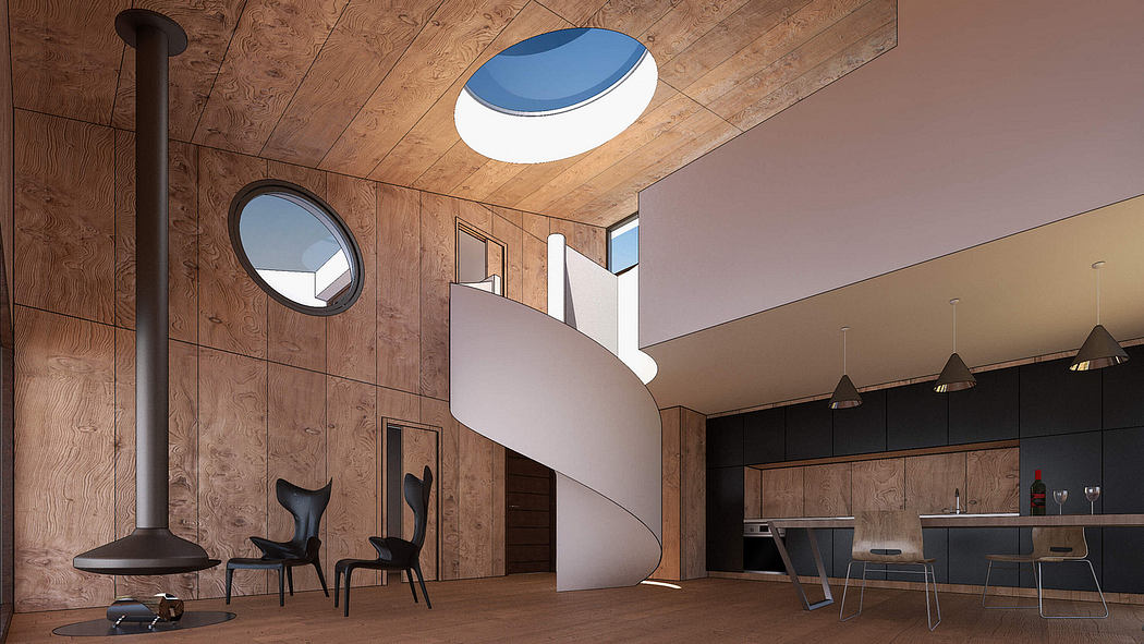 A modern, minimalist interior with warm wood accents, skylight, and spiral staircase.