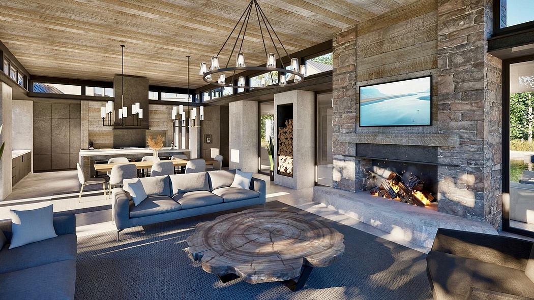 Cozy rustic interior with stone fireplace, wooden ceiling, and modern furniture.