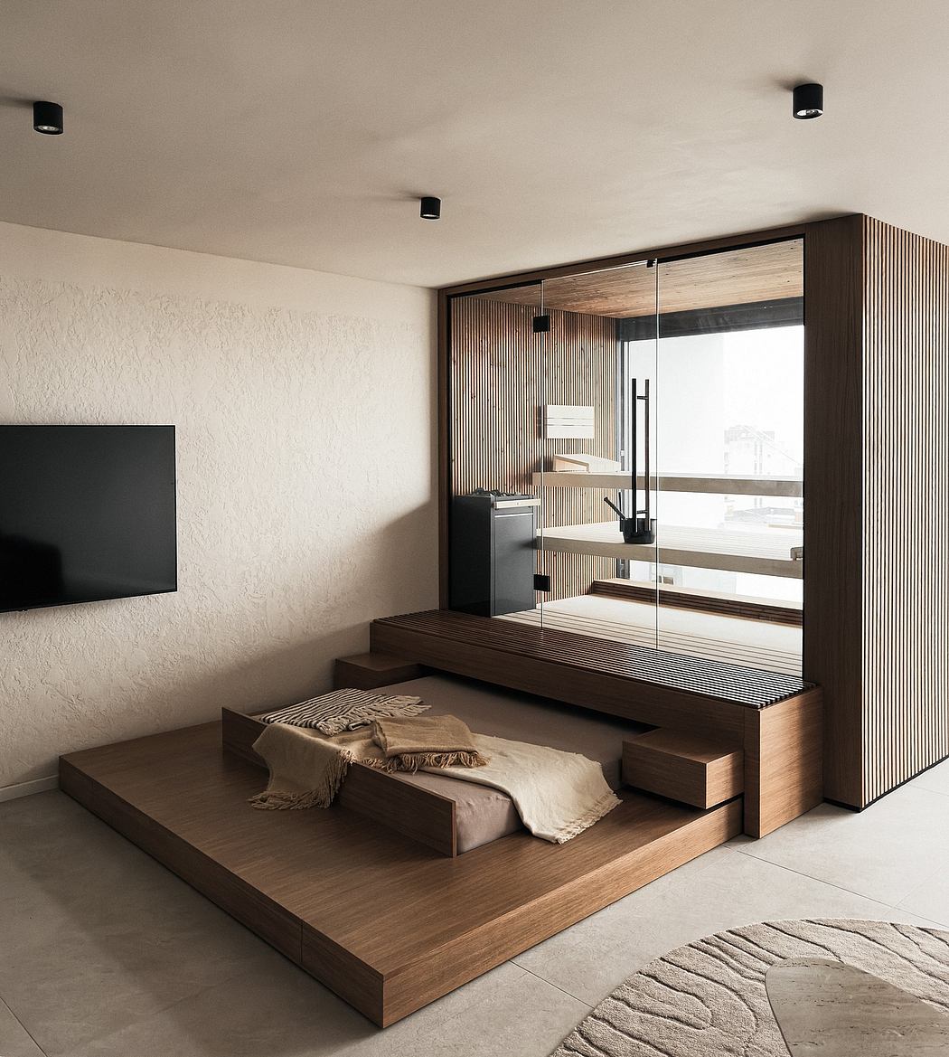 Sleek, minimalist bedroom design with raised platform bed, built-in storage, and full-length window.