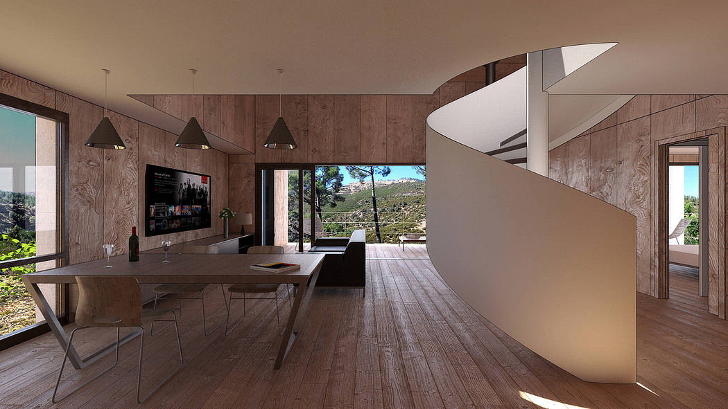 Rustic modern interior with wood paneling, large windows, and spiral staircase.