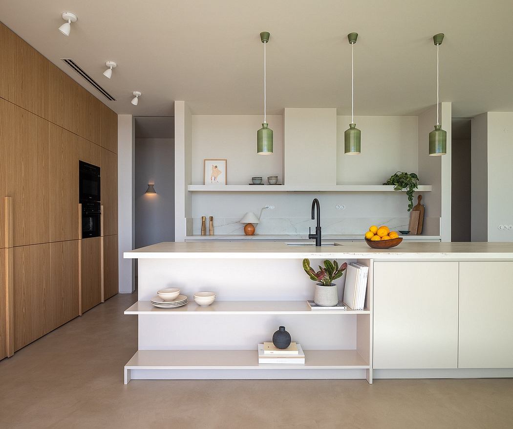 Modern kitchen with open shelving, pendant lighting, and a neutral color palette.