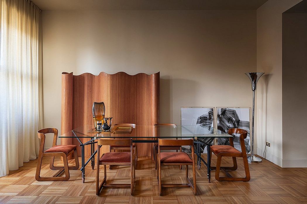 Elegant dining room featuring wooden furniture, glass table, and textured wall paneling.