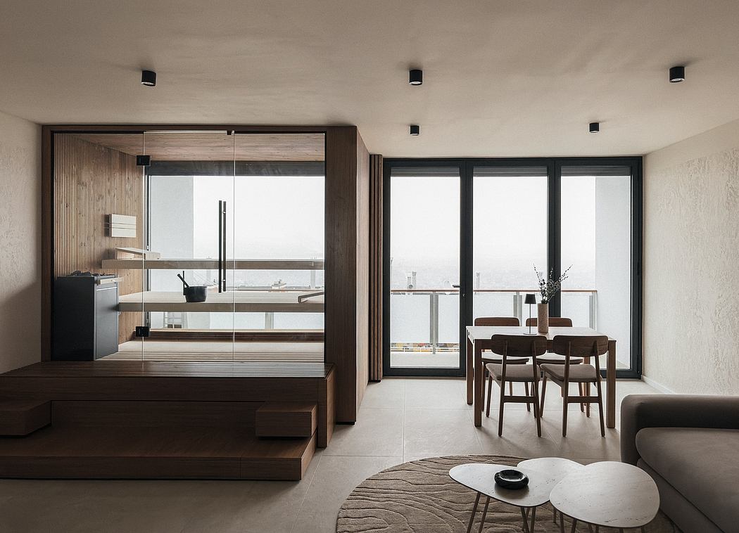 Sleek, modern interior with wood paneling, minimalist furniture, and expansive windows.