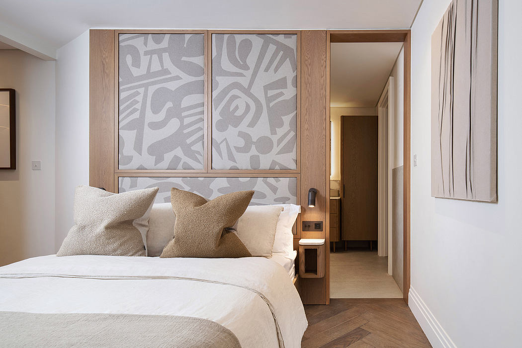 Minimalist bedroom design with abstract patterned panels and wood accents, creating a serene ambiance.
