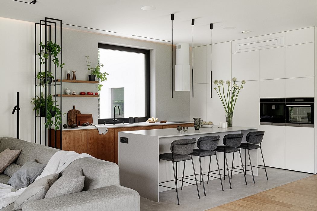 Minimalist kitchen design with open shelving, sleek appliances, and modern bar stools.