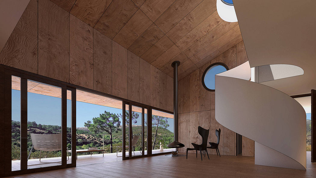 Spacious interior with wooden beams, large windows, and modern furniture.