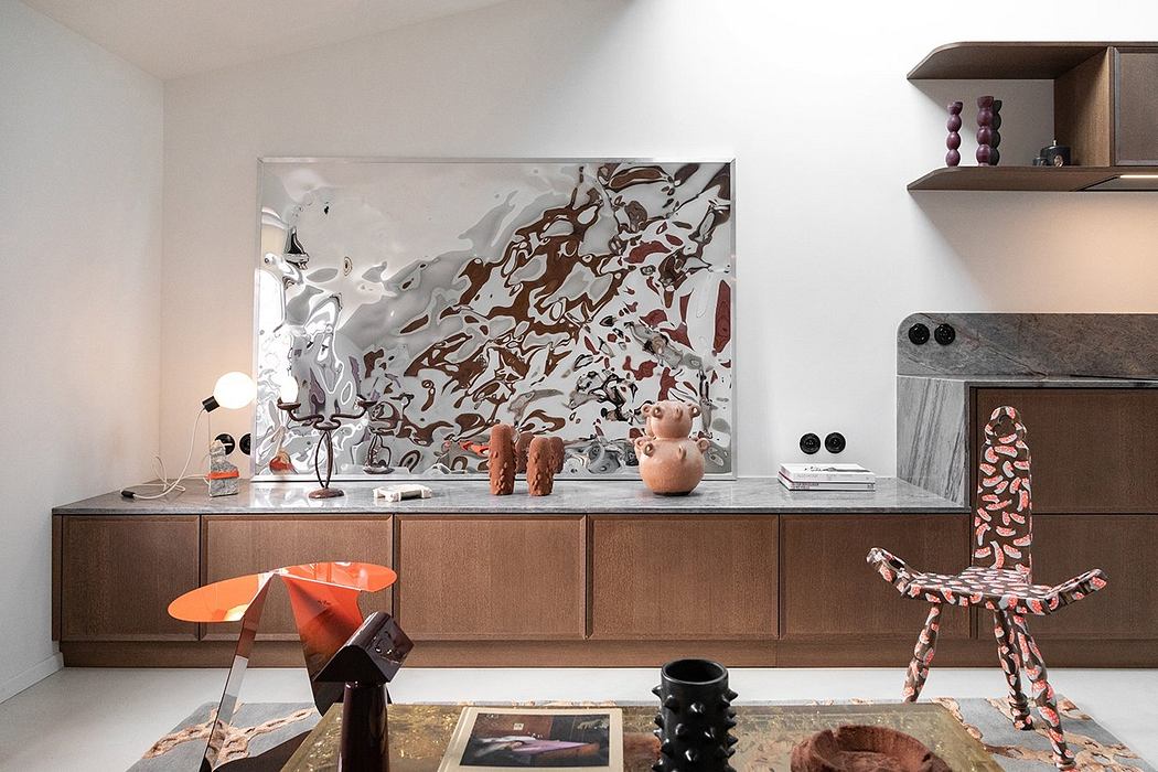 Sleek, modern space with a striking abstract mural, minimalist furnishings, and creative decor.