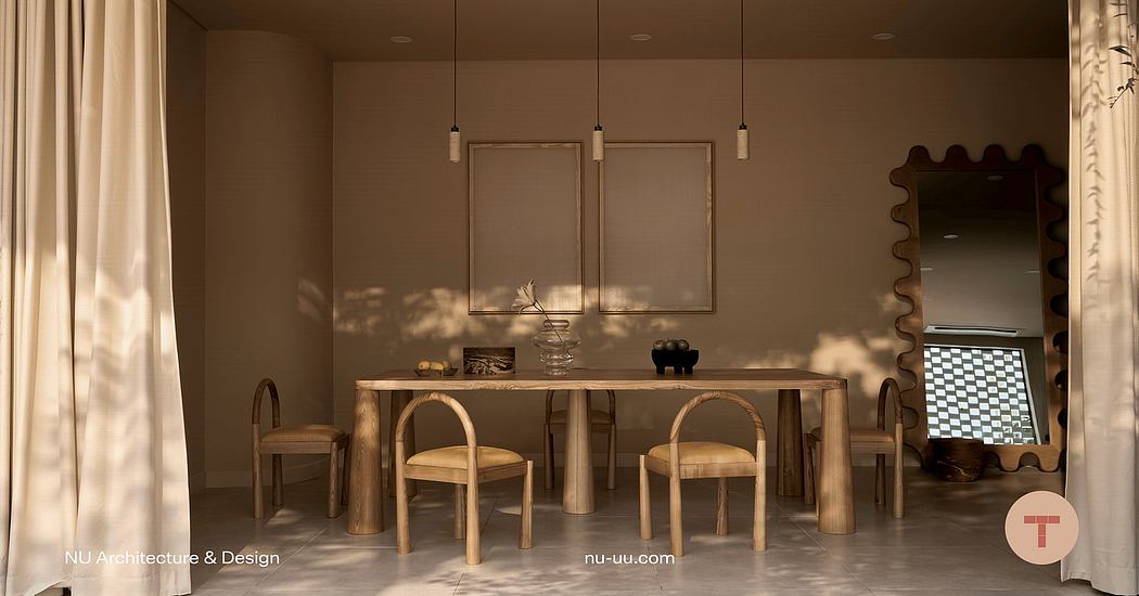 Minimalist dining room with wooden table, chairs, and decorative mirror frames.