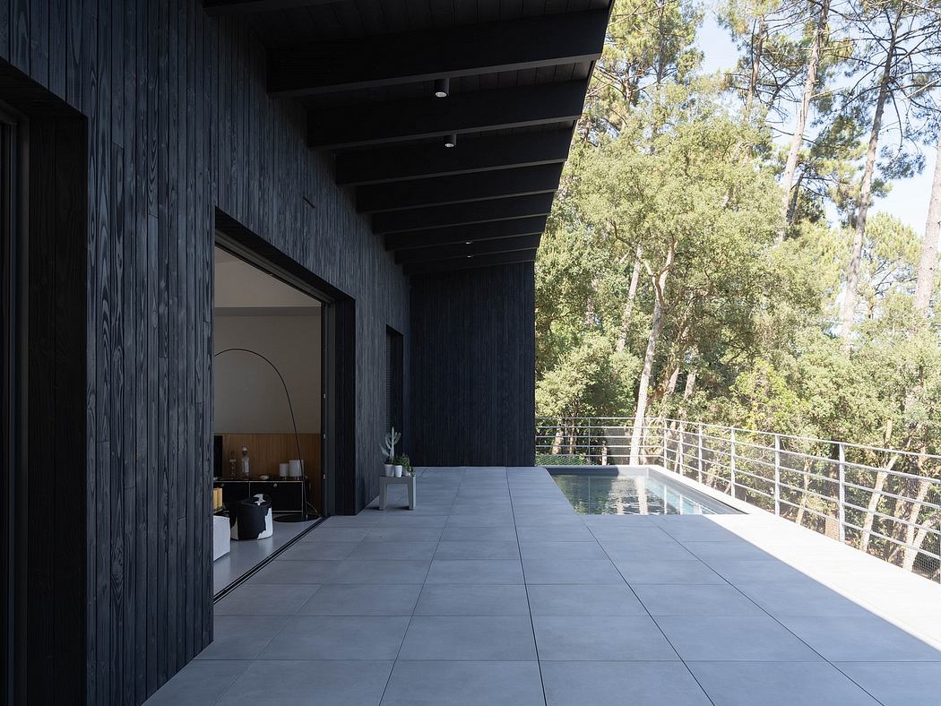 Modern black wooden exterior with sleek gray tile terrace and plunge pool overlooking lush greenery.