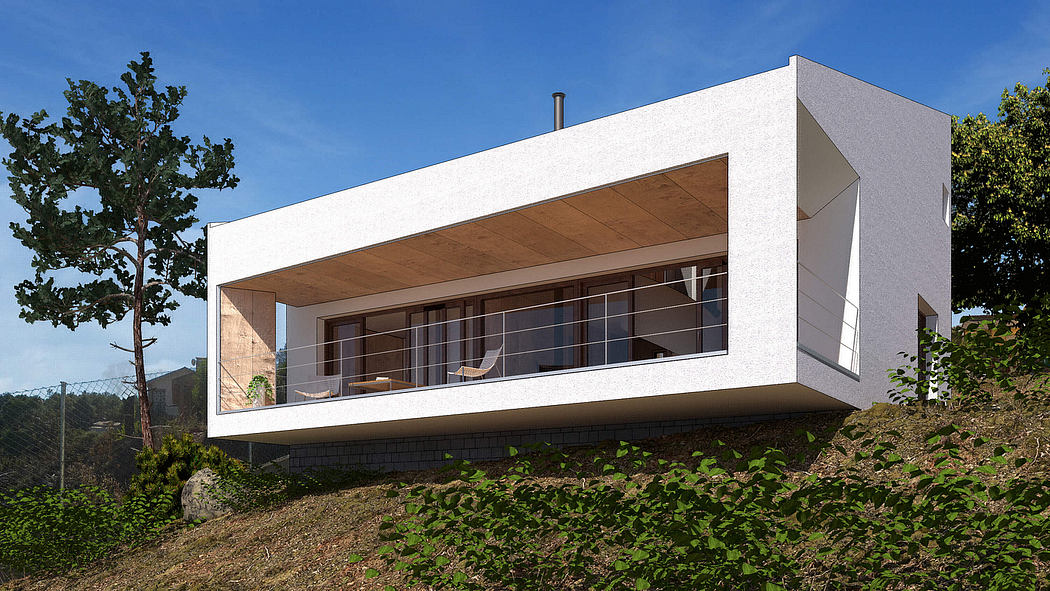 Sleek modern home design with a cantilevered second floor and large windows.