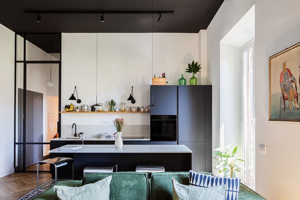 Sleek modern kitchen with minimalist black cabinetry, open shelving, and pendant lighting.