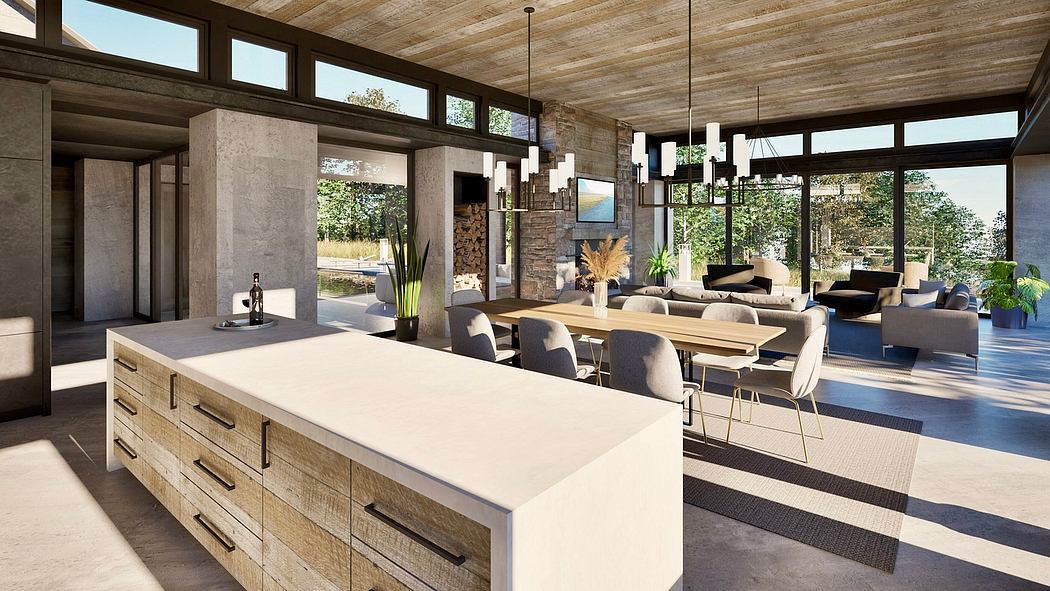 Spacious open-plan interior with wood-paneled ceiling, modern kitchen, and expansive windows.