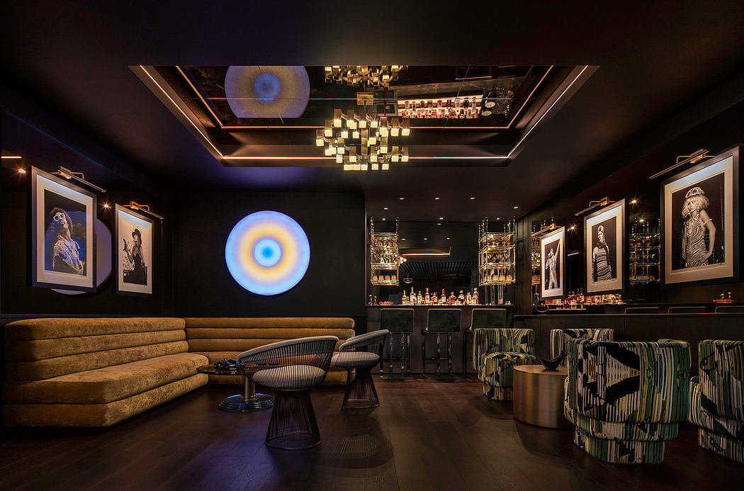 Striking modern lounge with bold lighting, artwork, and furniture design details.