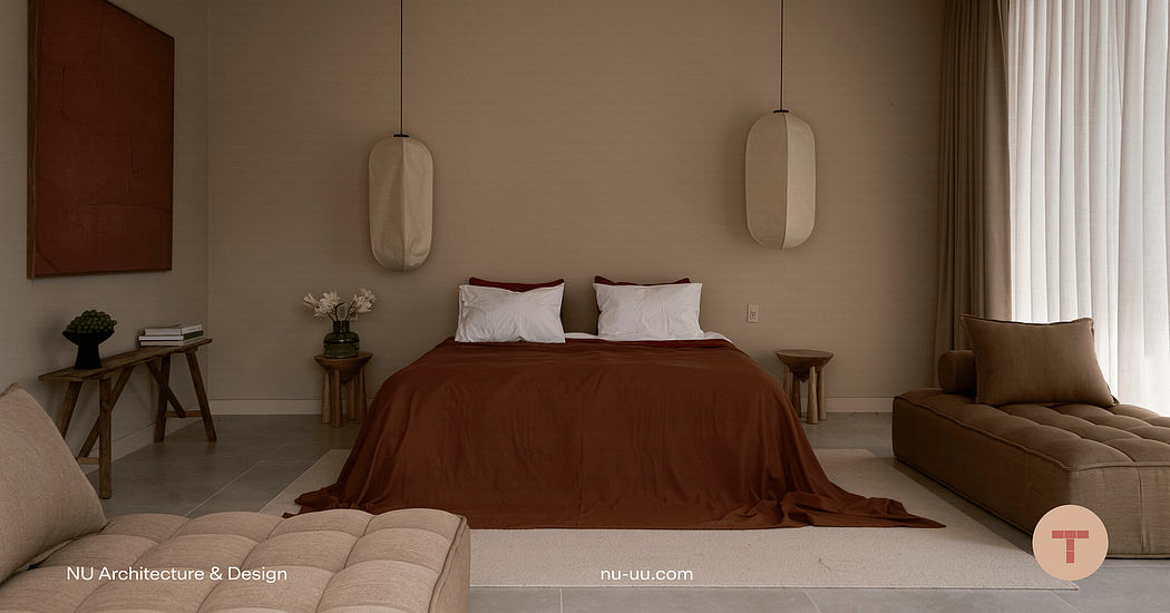 Minimalist bedroom design with modern pendant lights, neutral color palette, and wooden accents.