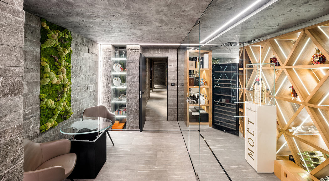 Minimalist interior design featuring concrete walls, moss-covered feature wall, and modern furnishings.