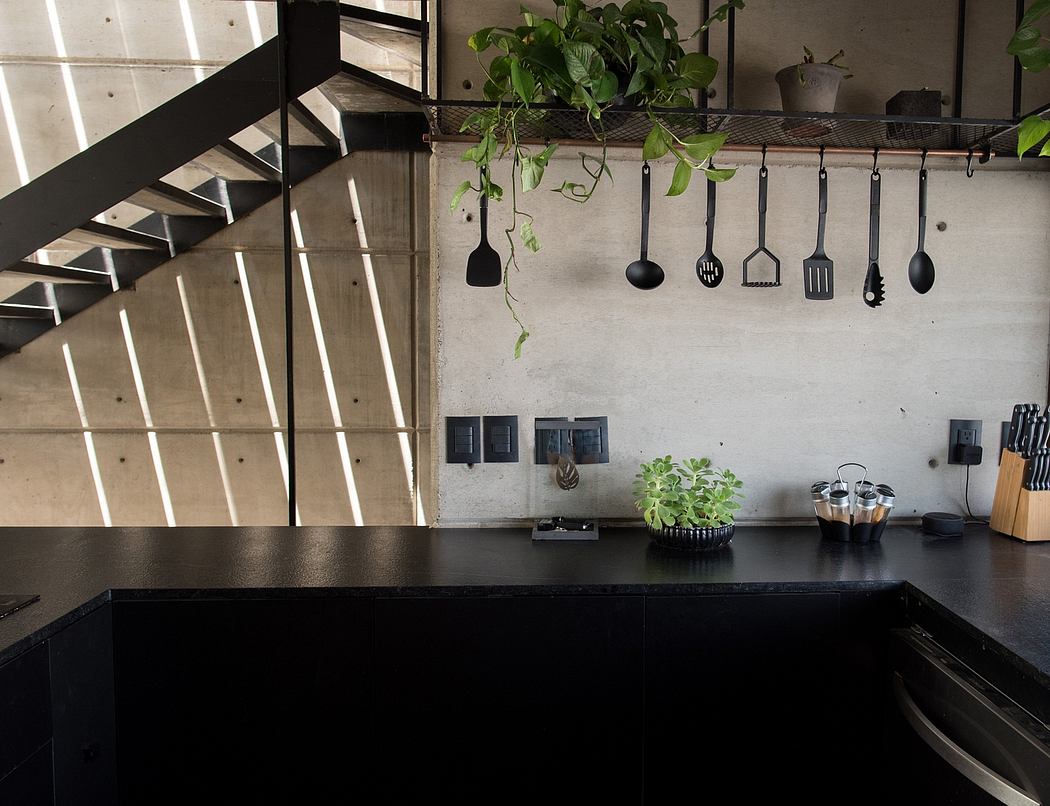 Minimalist kitchen design with sleek black countertops, hanging utensils, and lush greenery.