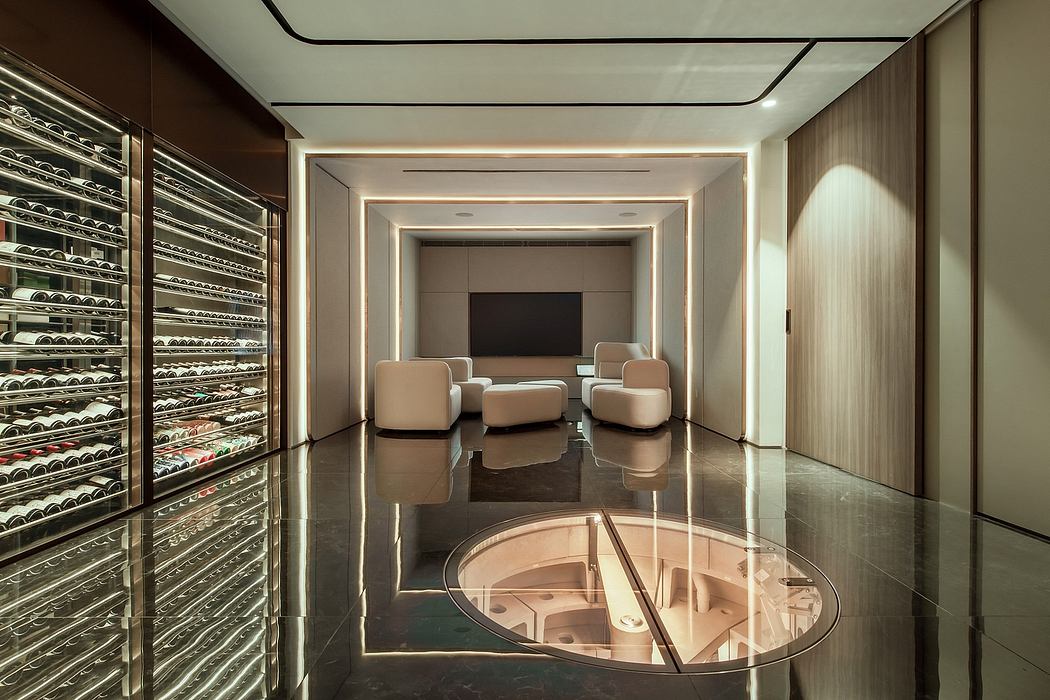 Elegant, modern lounge with sleek furniture, geometric lighting, and a glass floor accenting the room's design.