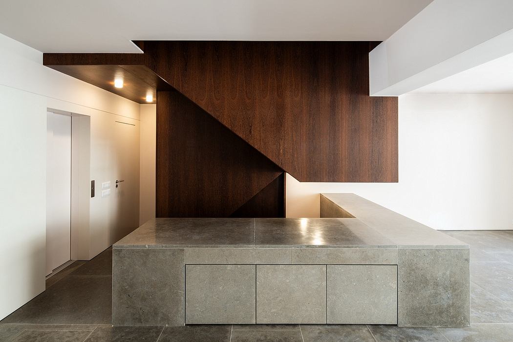 Modern, minimalist interior with dark wood panels, concrete countertop, and sleek cabinetry.