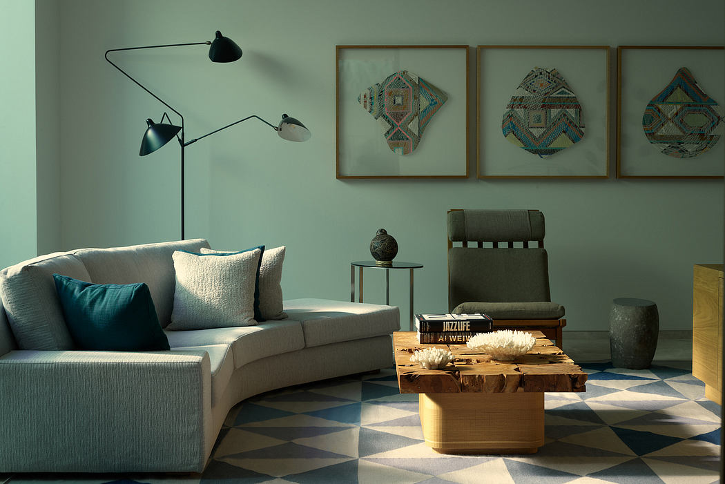 Well-designed modern living room with geometric patterned floor, framed artwork, and minimalist furniture.