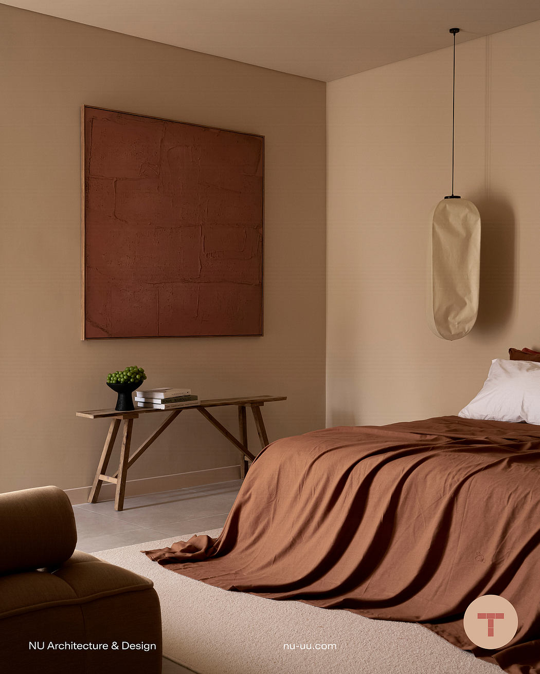 Cozy modern bedroom with warm tones, textured artwork, and minimalist furnishings.