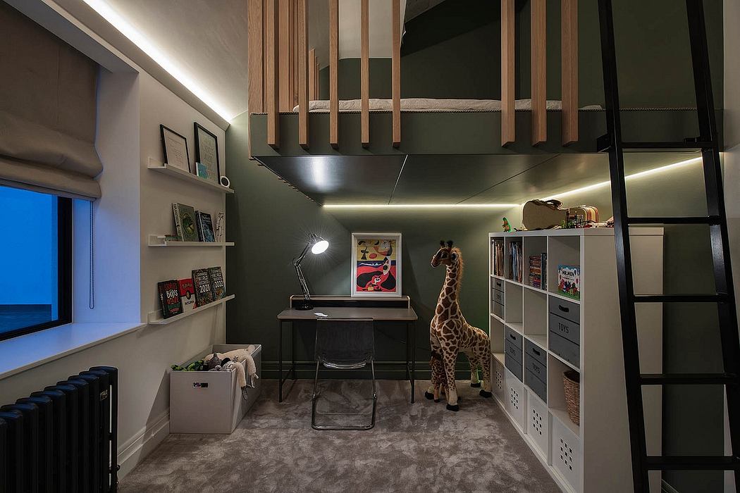 Well-designed modern home office with wooden beams, shelving, and a giraffe ornament.