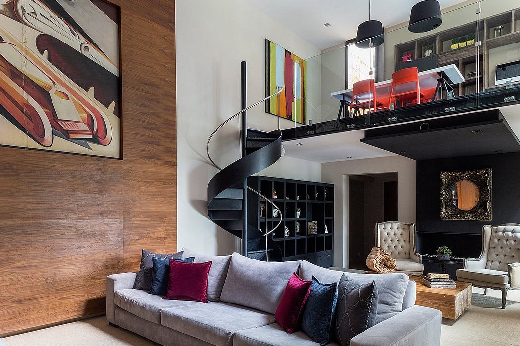 Modern and stylish living space with spiral staircase, statement artwork, and sleek furniture.