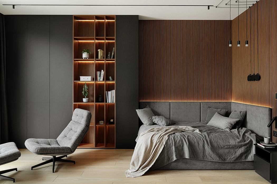 A modern, minimalist bedroom with dark-colored walls, built-in wood shelving, and a comfortable, plush sofa.