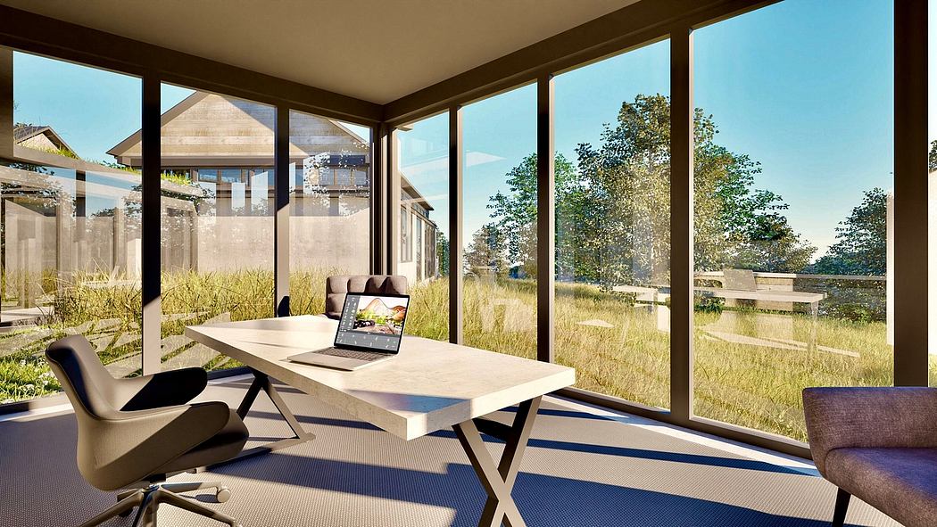 Large windows provide a panoramic view of the natural landscape from this modern home office.