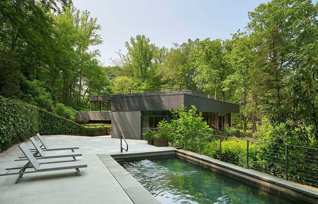 A modern, minimalist home with a pool nestled in lush, green foliage.