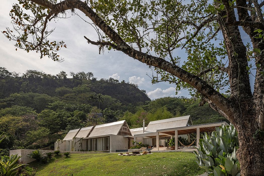 Modern, eco-friendly retreat nestled in verdant tropical landscape with wooden accents.