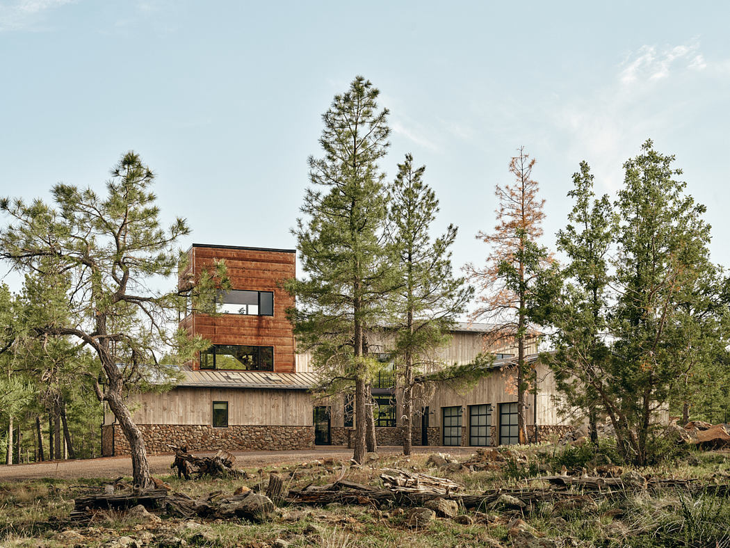 Modern log cabin surrounded by lush forest and natural elements, with architectural details.