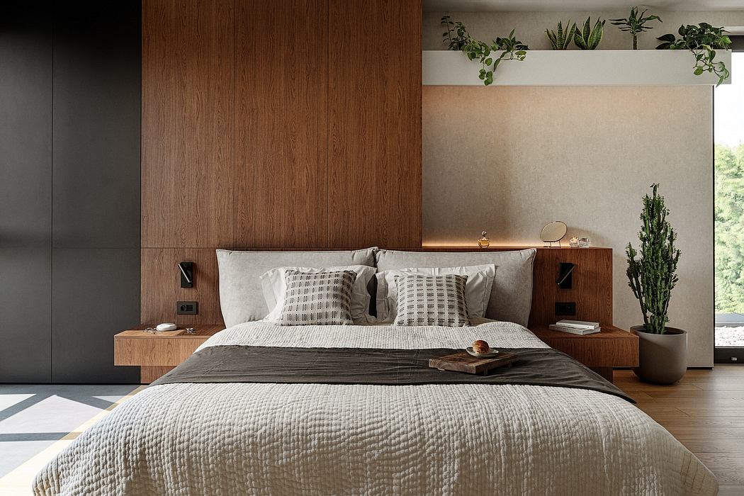 Minimalist bedroom with warm wood paneling, built-in nightstands, and potted plants adding natural touches.