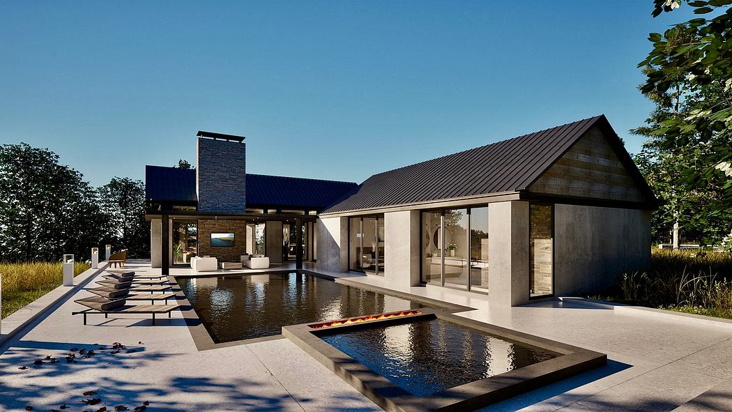 Modern lakefront home with sleek exterior, expansive glass walls, and serene pool.
