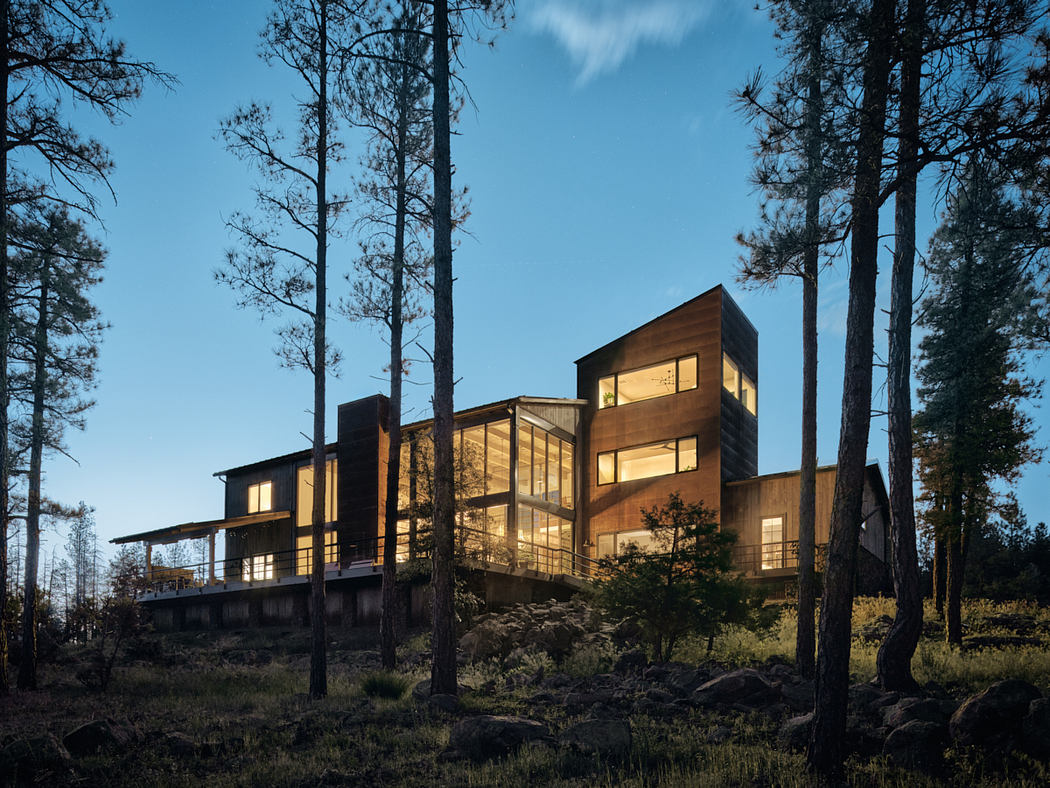 A modern, multi-level wooden home with large windows nestled among pine trees.